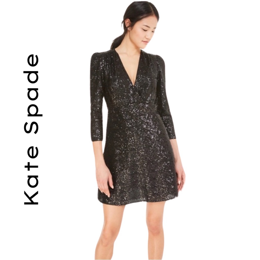 NWT KATE SPADE NEW YORK BLACK SEQUIN V-NECK MINI DRESS - SIZE 4